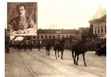 FOTOGRAF CU SPADĂ. "Am luat parte la făurirea României Mari, făcută pas cu pas, până la Tisa, cu vârful baionetei", se mândrea Nicolae Mihăilescu (medalion). Ofiţerul a luptat atât cu sabia, cât şi cu aparatul foto, imortalizând sute de imagini, printre care şi intrarea Armatei Române în Oradea (foto), pe care le-a adunat într-o colecţie ce îl aduce în memoria contemporanilor la aproape şase decenii de la moartea sa